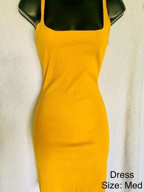 Ribbed Square Neck Bodycon Dress in Mustard Yellow